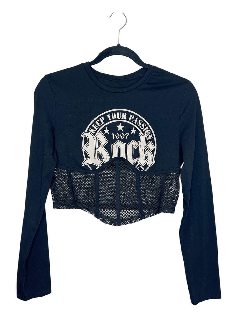 Rock and Roll Corset Style Mesh Alt Girl long sleeve crop top